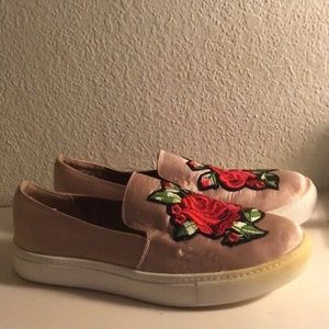 Dirty Laundry Pink Satin Rose Embroidered Slip On